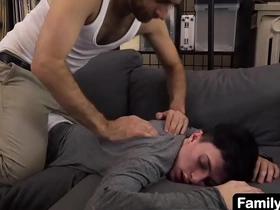 Stepdad lovingly caresses his , his strong hands pushing deep into his supple skin and young muscles