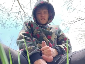 Sweet boy jerking his big dick (23cm) outdoor / huge cumshot on camera / boy / monster dick