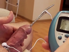 Estim cock sounding deep double rosebud insertion
