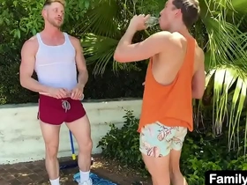 I lay down on the grass and let my older stepbrother fuck my ass