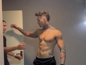 I lock him in the sauna to surprise him with two cocks.