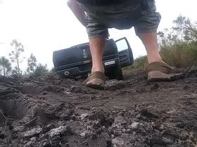 Stuck in the mud in the woods time for a bottle fuck quicky